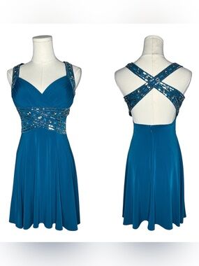 Vintage Blue Beaded Waist Criss Cross Back Mini Cocktail Dress Party Fairycore
